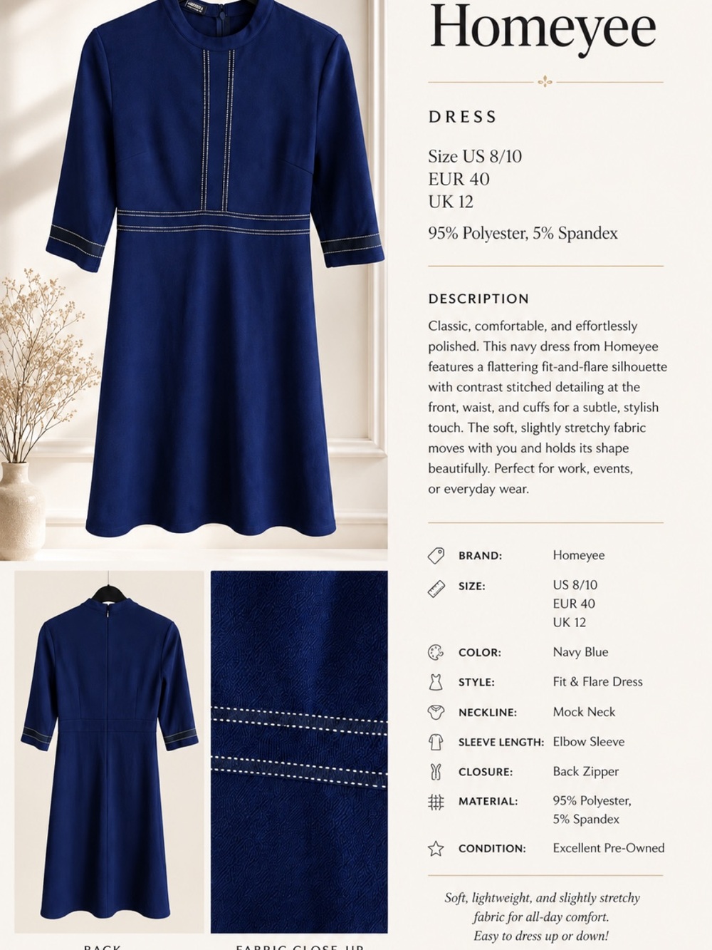 Homeyee Navy Blue Fit & Flare Dress with Contrast Stitching